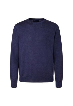 Granatowy sweter dzianinowy, okrągły dekolt, długie rękawy, gładka tekstura, prążkowane mankiety i dół, bez wzorów czy akcentów.