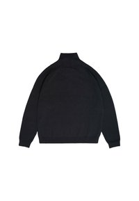 Czarny sweter dzianinowy z wysokim kołnierzem, rękawami raglanowymi i ściągaczem u dołu. Gładka tekstura, prosty design, brak widocznych wzorów lub akcentów.