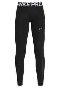 Svarta idrottsleggings med en vit "NIKE PRO" midja, med en figurnära design och nätpaneler på sidorna.