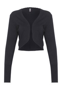 Tmavě modrý zkrácený cardigan s dlouhými rukávy, vyrobený z měkkého pleteného materiálu. Má vlnkové okraje a otevřený přední design.