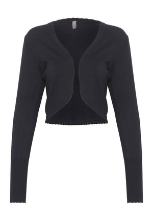 Cardigan cropped de couleur bleu marine foncé avec des manches longues, fabriqué à partir d'un matériau tricoté doux. Dispose de bords festonnés et d'un design ouvert sur le devant.