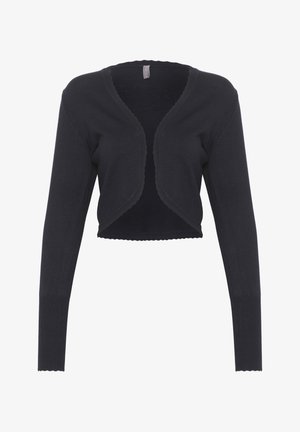 Cardigan cropped de couleur bleu marine foncé avec des manches longues, fabriqué à partir d'un matériau tricoté doux. Dispose de bords festonnés et d'un design ouvert sur le devant.