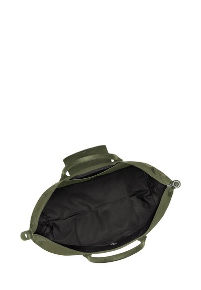 Green tote bag with a structured design, made of textured material. Features a zip closure and a spacious black fabric interior.