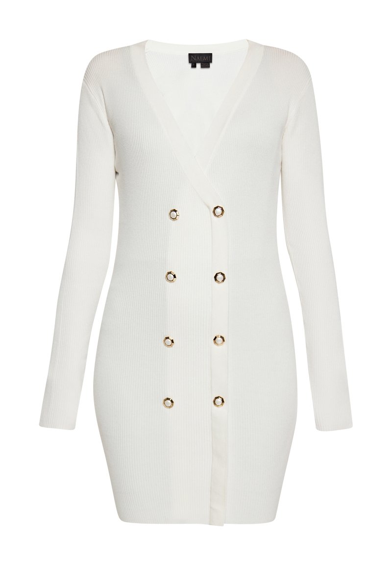 Il vestito cardigan a costine bianche presenta maniche lunghe, scollatura a V, sei bottoni dorati decorativi e una silhouette aderente.