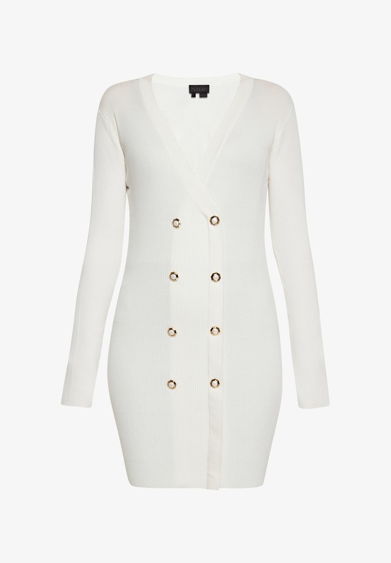 Weißes, geripptes Strick-Kleid mit Cardigan-Stil hat lange Ärmel, einen V-Ausschnitt, sechs goldfarbene Knopfakzente und eine taillierte Silhouette.