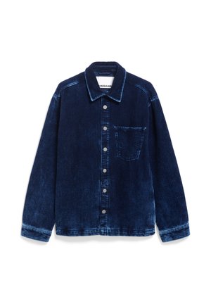 Veste en velours côtelé bleue foncée, avec un col pointu, une poche frontale, une fermeture à boutons et des manches longues avec un effet de nervures texturées.