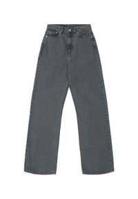 Jeans wide-leg in denim grigio con vita alta, caratterizzati da rivetti in rame, cinque tasche, una vita cucita e un design a taglio dritto.