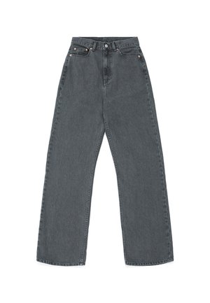 Jeans de mezclilla gris de pierna ancha con cintura alta, que cuentan con remaches de cobre, cinco bolsillos, una cinturilla cosida y un diseño recto.