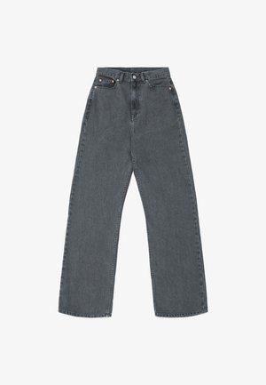 Jeans wide-leg in denim grigio con vita alta, caratterizzati da rivetti in rame, cinque tasche, una vita cucita e un design a taglio dritto.