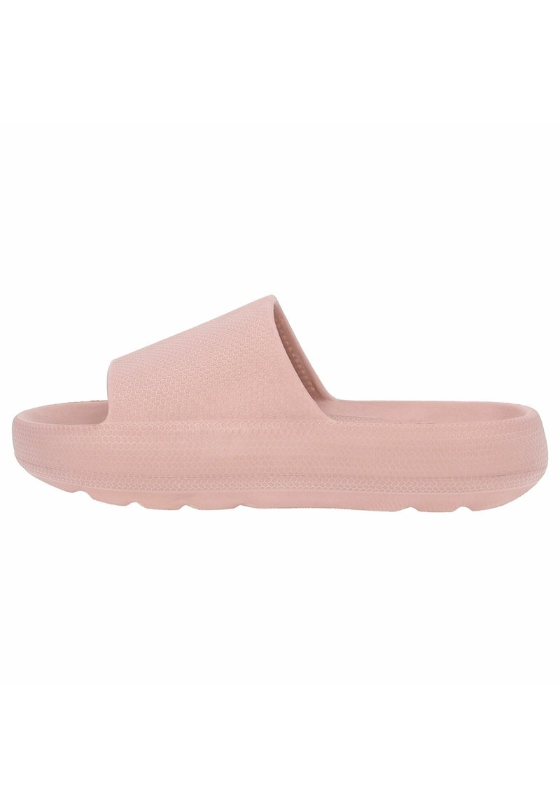 Pink slip-on sandal with a textured upper and a thick, ridged sole. Features a single wide strap and a smooth interior.