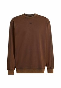 Hnedá mikina vyrobená z bavlny, s okrúhlym výstrihom, rebrovanými manžetami a spodným lemom. Obsahuje jemné, tmavé logo a tri paralelné pruhy na rukávoch.