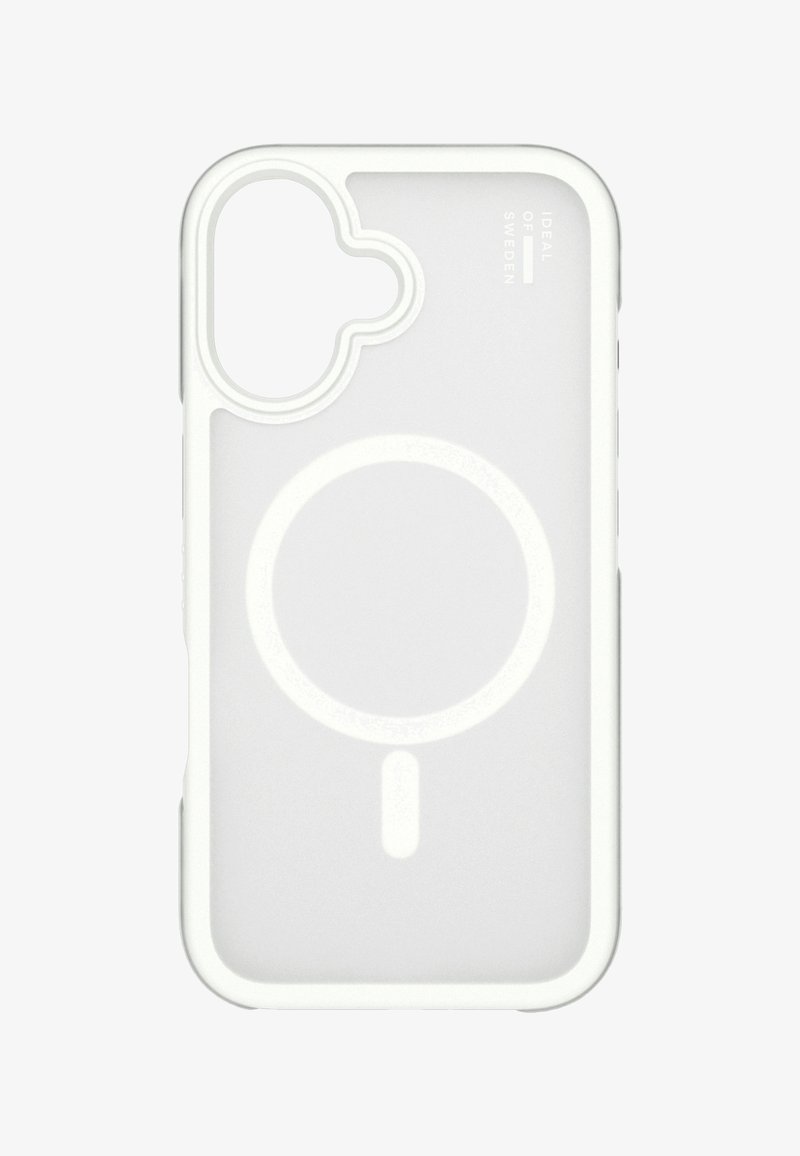 Przezroczysta biała obudowa na telefon z podniesionymi krawędziami, okrągłymi wycięciami oraz wycięciem na aparat, z logo "IDEAL OF SWEDEN" w prawym górnym rogu.