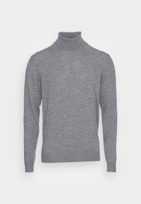 Pull à col roulé gris en maille douce, avec des manches longues, une silhouette ajustée et des poignets et ourlet côtelés.