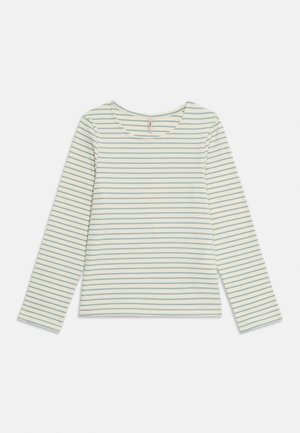 Maglietta a maniche lunghe in morbido cotone, con sottili righe orizzontali in azzurro chiaro e bianco. Collo rotondo e orlo dritto.