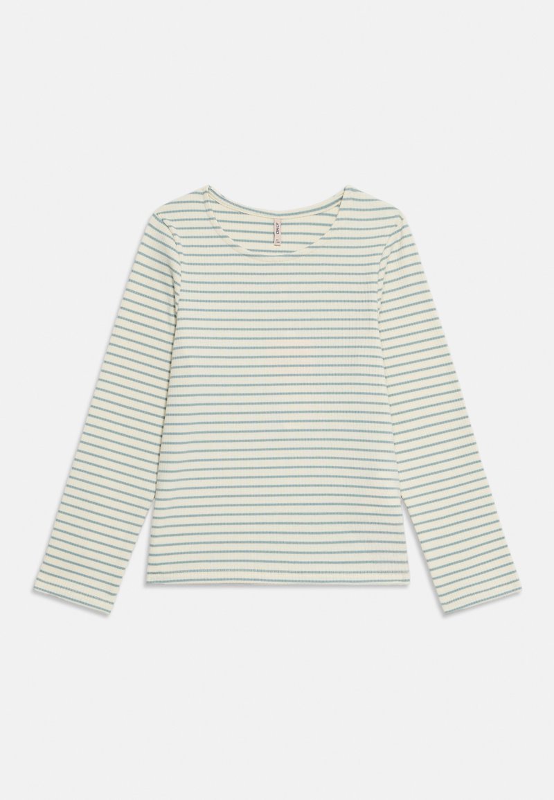 Camisola de manga longa em algodão suave, apresentando riscas horizontais subtis em azul claro e branco. Decote redondo e bainha reta.