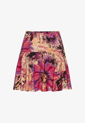 Falda de estampado floral con diseño plisado, que presenta colores vibrantes de rosa, púrpura y amarillo sobre una tela texturizada. Cintura elástica.