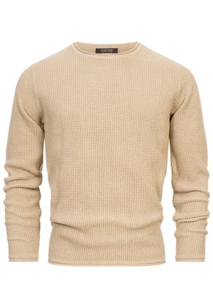 Beige gestrickter Pullover mit Rundhalsausschnitt, langen Ärmeln und mit einem strukturierten Muster. Verfügt über einen gerippten Saum und Bündchen, hergestellt aus einem weichen Material.