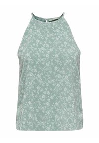 Blouse sans manches vert clair à motif floral, avec un col montant et un tissu léger et lisse. Détail d'une fermeture goutte d'eau au dos.