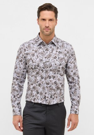 Langarmhemd in Hellgrau mit einem detaillierten Blumendesign in Braun und Schwarz. Mit Knöpfen versehener Kragen und Manschetten, glatte Stoffstruktur.