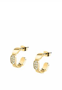 Boucles d'oreilles créoles dorées avec un design segmenté et une rangée de pierres précieuses transparentes sur un côté. Fermoir papillon à l'arrière.