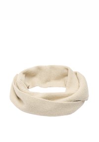 Kremowa opaska na głowę z prążkowanej tkaniny, miękka w dotyku, o okrągłym kształcie z efektownym skręceniem, bez widocznych elementów metalowych ani ozdób.