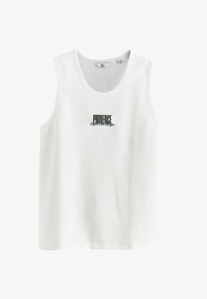 Valge tank-top tekstuurse soonikulise kangaga. Keskosas on musta ja sinisega "PROVENCE" tekstigraafika. Ümmargune kaelus, varrukateta disain.