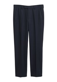 Marineblauwe op maat gemaakte broek van een gladde stof. Bevat een platte voorkant, riemlussen en twee zijzakken met een recht gesneden ontwerp.