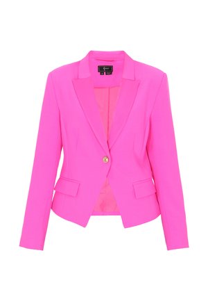 Blazer rose vif à un bouton avec revers crantés et poches à rabat, coupe ajustée, manches longues et ourlet légèrement raccourci.
