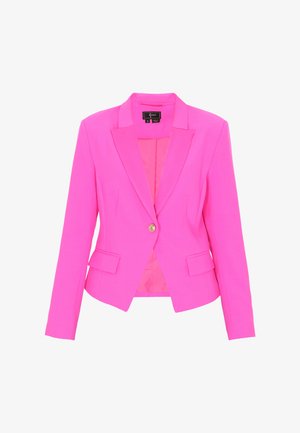Leuchtend pinker Blazer mit einem Knopf, Revers mit Kerbe und Pattentaschen, taillierte Passform, lange Ärmel und ein leicht gekürzter Saum.