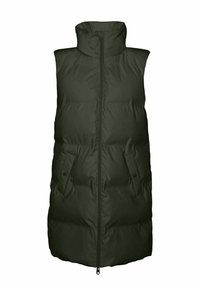 Puff vest i mörkgrön, med hög krage, framdragkedja och två sidofickor; tillverkad av mjukt, vadderat material med en slät textur.