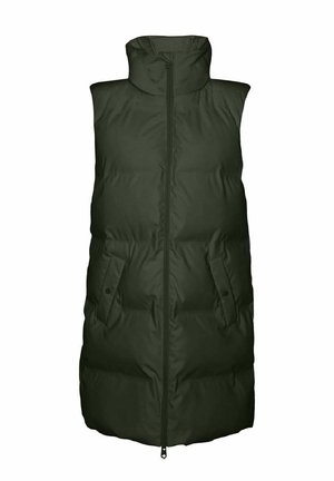 Dunkelgrüne Weste mit Stehkragen, Frontreißverschluss und zwei Seitentaschen; gefertigt aus weichem, gepolstertem Material mit glatter Textur.