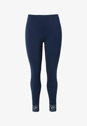 Marineblauwe legging met een elastische tailleband en kanten afwerking bij de enkels. Gemaakt van zachte, rekbare stof voor comfort en flexibiliteit.
