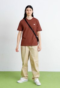 Bruine t-shirt met klein logo, beige losse broek en witte sneakers. De achtergrond is licht met een groene vloer.
