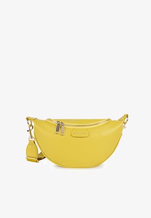 Sac bandoulière en cuir jaune, de forme croissante, avec une fermeture zippée et des accessoires en métal doré. Il dispose d'une sangle réglable et d'un détail de logo.