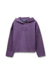 Paars cropped hoodie met lange mouwen, voorzien van een capuchon en de tekst "VOLG je DROOM" in zwart gedrukt. Zachte stoftextuur.