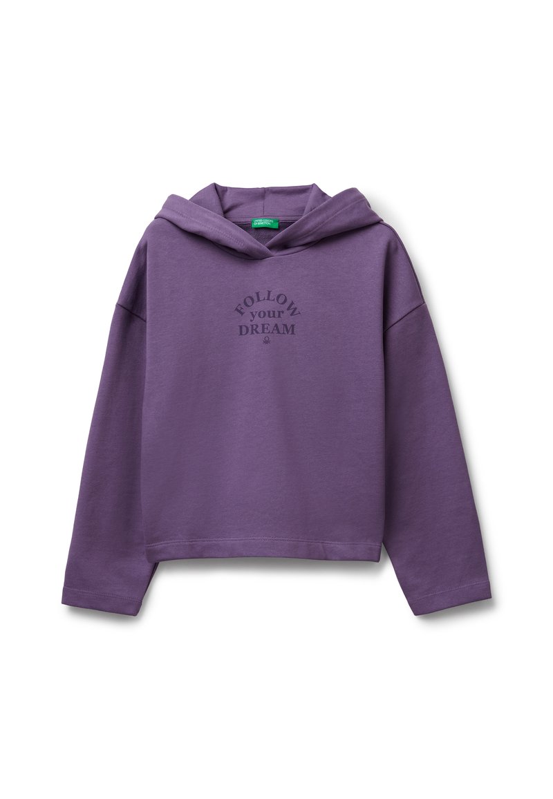 Paars cropped hoodie met lange mouwen, voorzien van een capuchon en de tekst "VOLG je DROOM" in zwart gedrukt. Zachte stoftextuur.