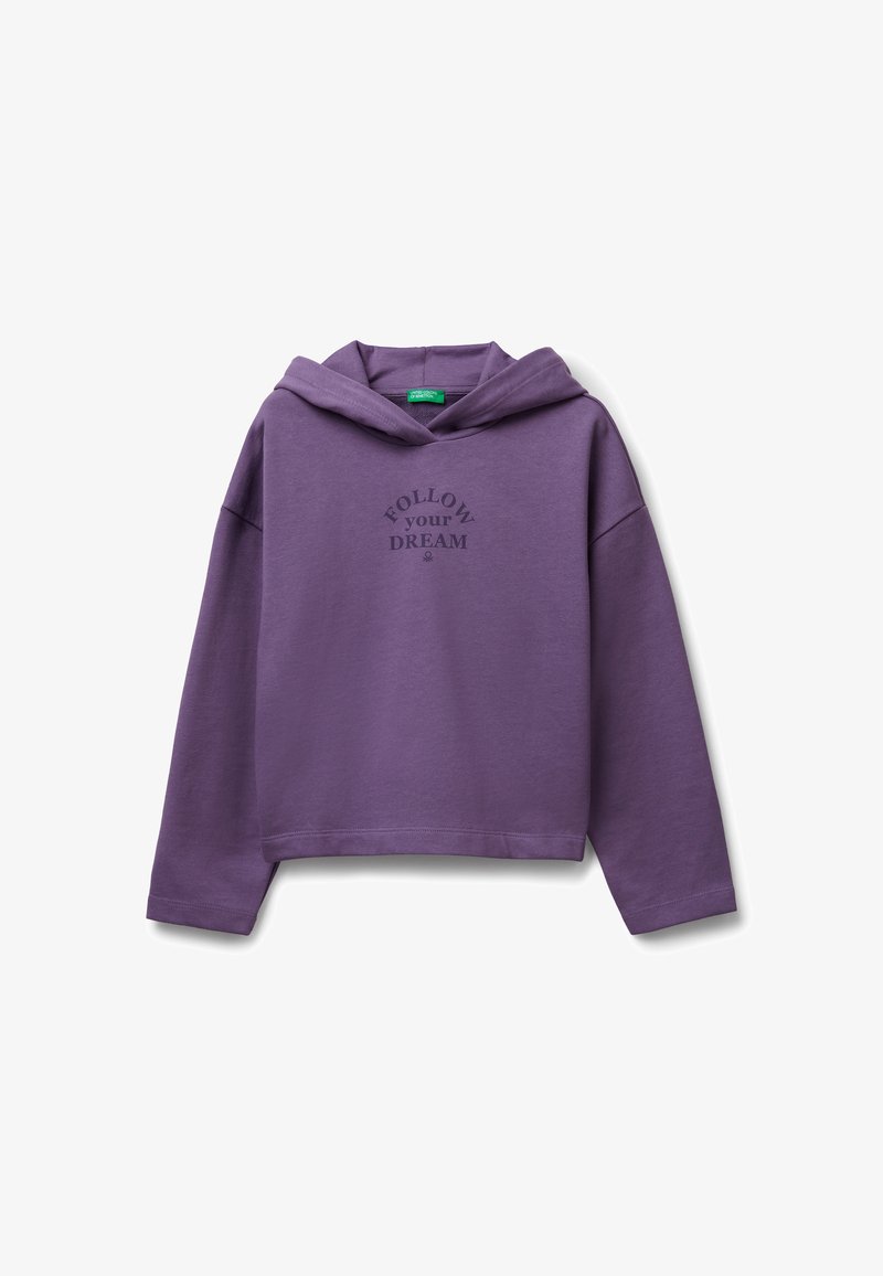 Felpa corta viola con maniche lunghe, dotata di cappuccio e con la scritta "SEGUITA i TUOI SOGNI" stampata in nero. Tessuto morbido.