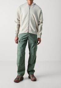 Felpa con cappuccio di colore grigio chiaro, con zip frontale e tasche anteriori. Pantaloni cargo verde oliva con più tasche. Scarpe sportive marroni e grigie.