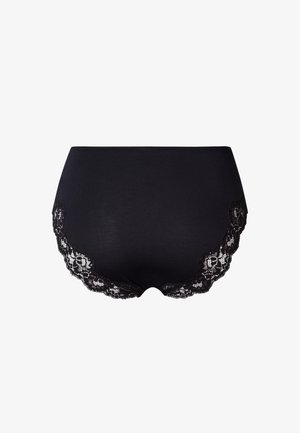 Mutande nere a vita alta con rifiniture in pizzo lungo i bordi laterali, realizzate in un tessuto liscio e con un design senza cuciture.