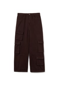 Braune Cargo-Hosen aus Baumwolle mit geradem Bein. Verfügt über mehrere Front- und Seitentaschen sowie einen Knopfverschluss an der Taille.