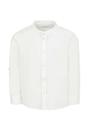 Camicia bianca con colletto, maniche lunghe, chiusura a bottoni davanti e una texture morbida e liscia. Presenta un orlo arrotondato e polsini arrotolati.