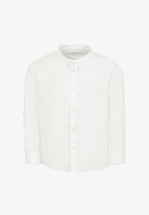 Camicia bianca con colletto, maniche lunghe, chiusura a bottoni davanti e una texture morbida e liscia. Presenta un orlo arrotondato e polsini arrotolati.