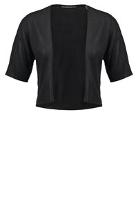 Svart, öppen kort cardigan med korta ärmar, gjord av lättviktsmaterial med en slät textur och en enkel, minimalistisk design.