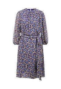 Blumenkleid in Lila, Blau und Gelb. Mit langen Ärmeln, gerafftem Ausschnitt, einem Gürtel in der Taille und einer fließenden Silhouette.