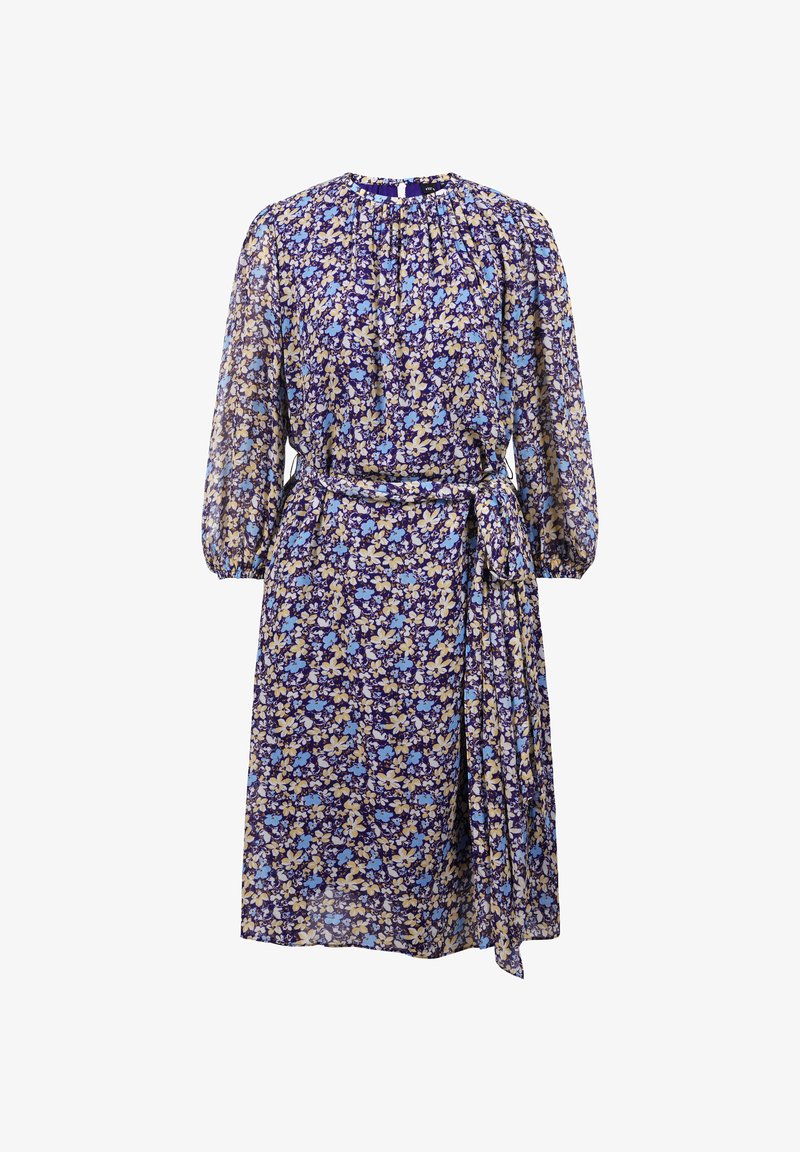 Blumenkleid in Lila, Blau und Gelb. Mit langen Ärmeln, gerafftem Ausschnitt, einem Gürtel in der Taille und einer fließenden Silhouette.