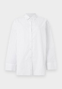 White button-up shirt with vertical light gray stripes, long sleeves, and a classic collar. Features a slightly loose fit and cuffed sleeves.