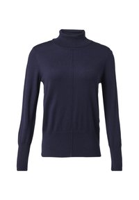 Granatowy sweter z wysokim kołnierzem, wykonany z miękkiego materiału, z długimi rękawami, dopasowanym krojem i szwem na środku z przodu jako elementem dekoracyjnym.