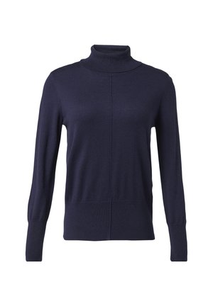 Marineblaue Rollkragenpullover aus weicher Stoffqualität, mit langen Ärmeln, figurbetontem Design und einer Naht in der Mitte vorne für eine detaillierte Optik.