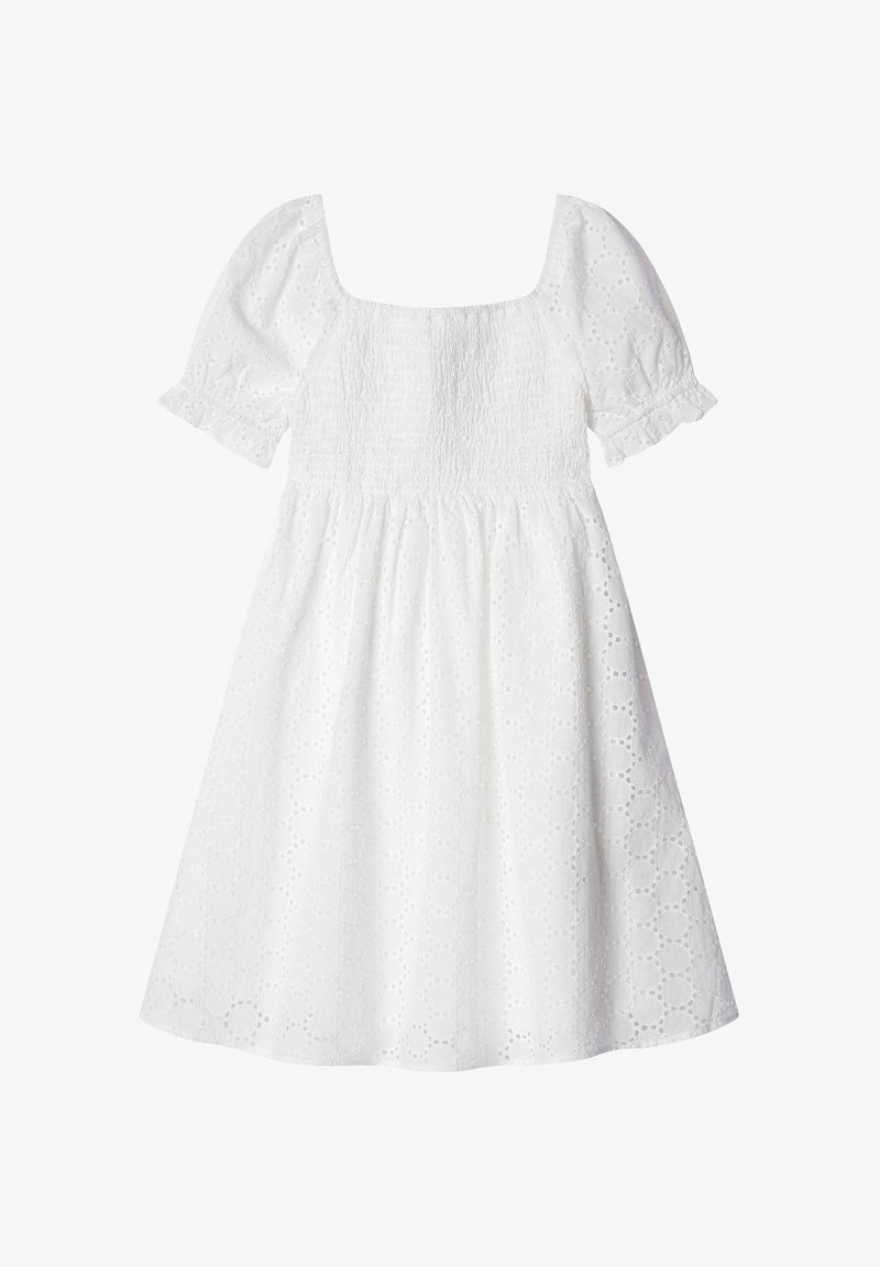 Bijela haljina kratkih rukava s kvadratnim izrezom, sa smočenom korzetom i otvorenim uzorkom kroz cijelu tkaninu.