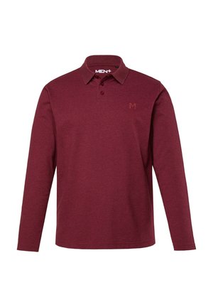Bordeauxfarbener Langarm-Polo-Shirt aus weichem Stoff mit einem Kragen, drei Knöpfen und einem dezenten Logo auf der linken Brust.